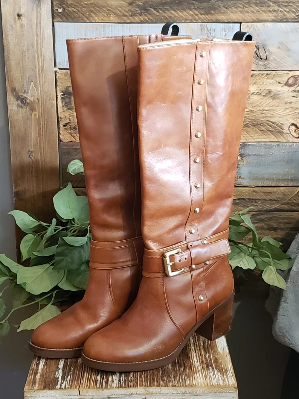 Michael Kors Cognac Tall Knee Buckle & Stud Boots